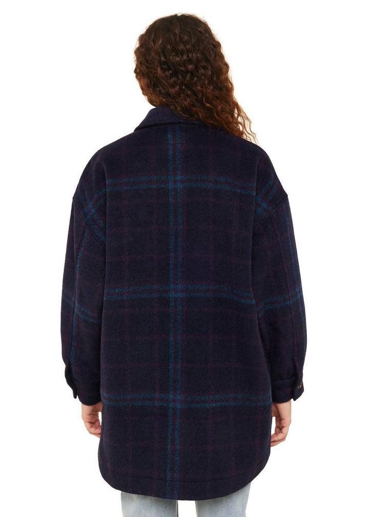 Back view of Sisstr Misha Overshirt showcasing navy plaid design and relaxed fit.