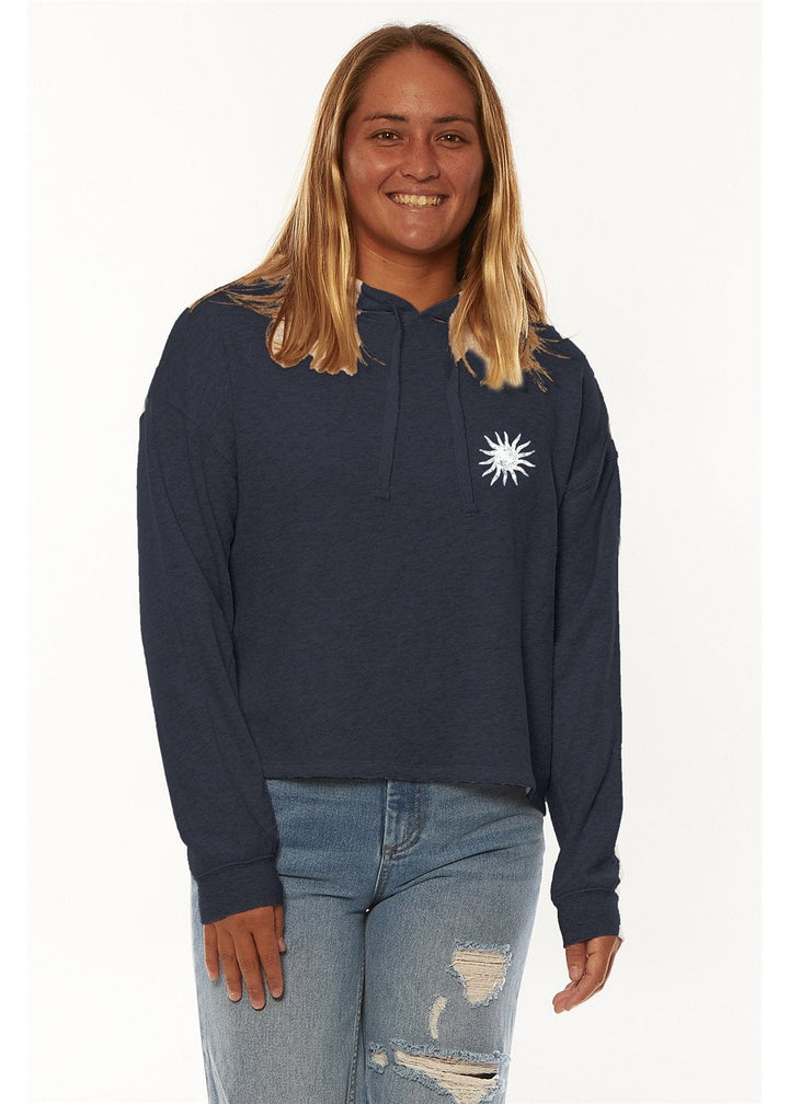 Front view of Sisstr High Seas Ls Crop Flc Hoodie in navy with sun logo on chest.