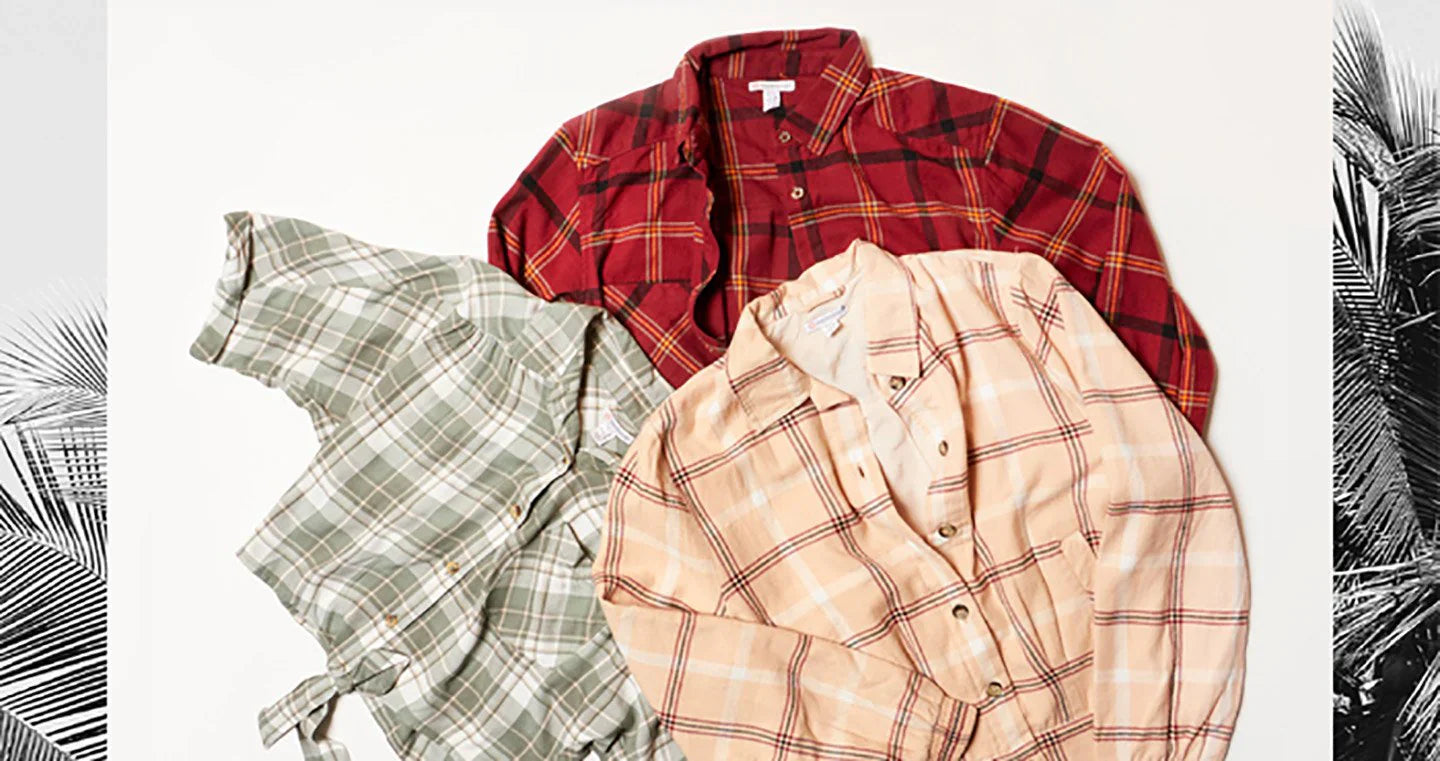 Cozy fall plaid shirts in red, green, and beige tones, perfect for autumn vibes.