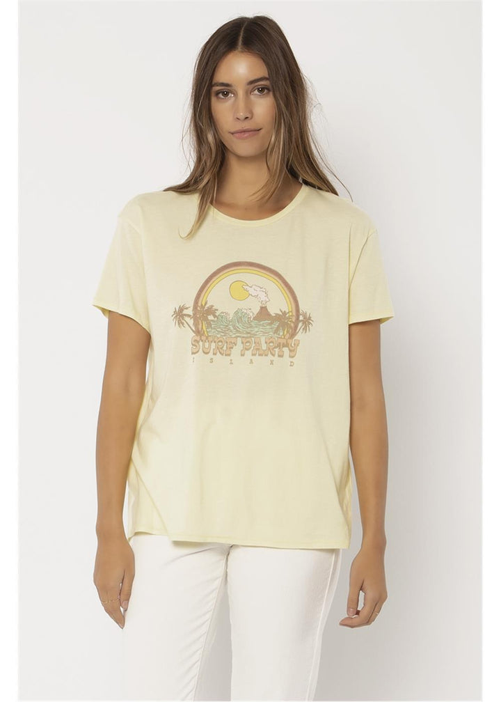 Sisstrevolution Island Party S/S Knit Tee in yellow with surf graphic.
