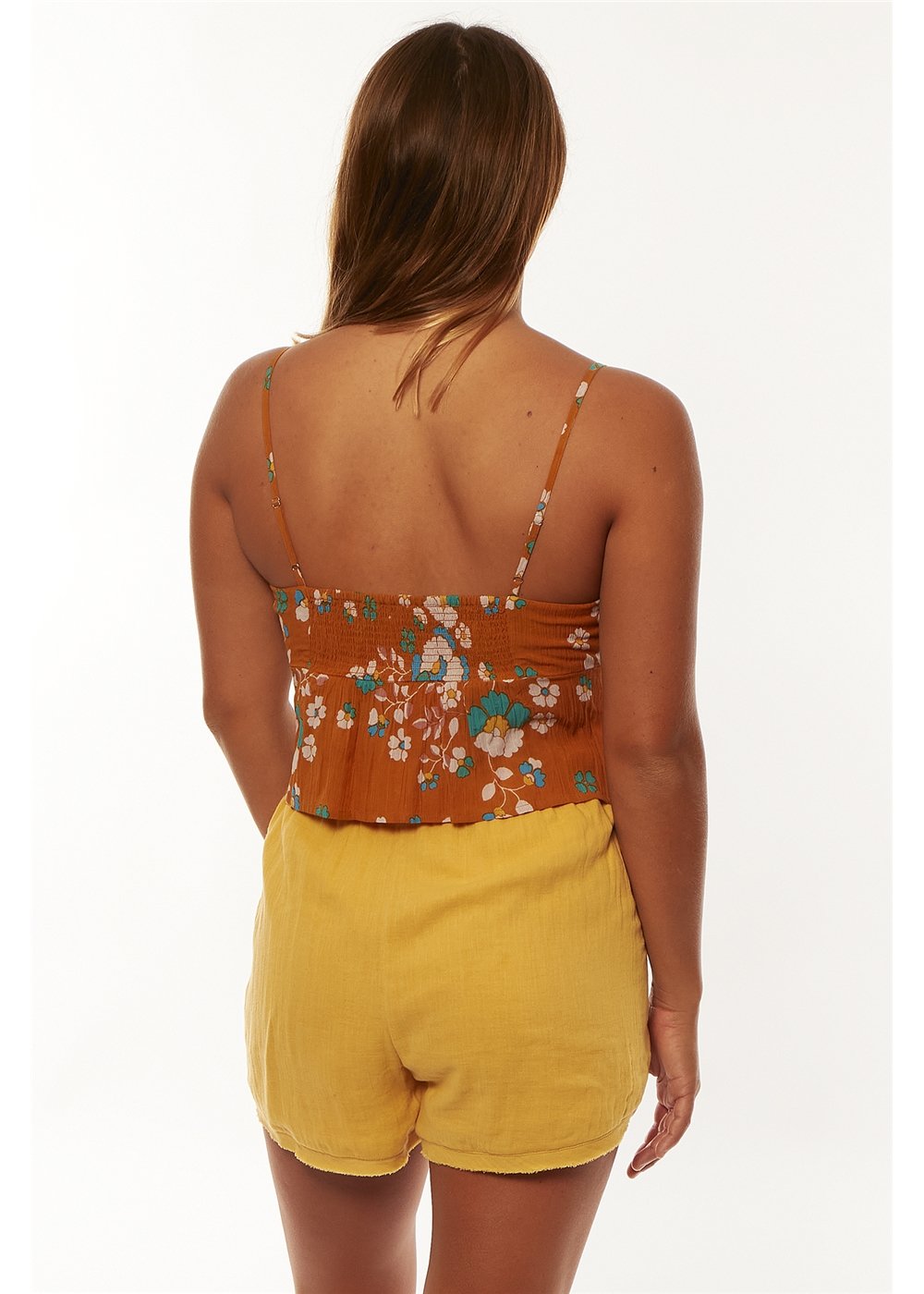 Back view of Sisstrevolution Carmel Woven ladies top with floral design.