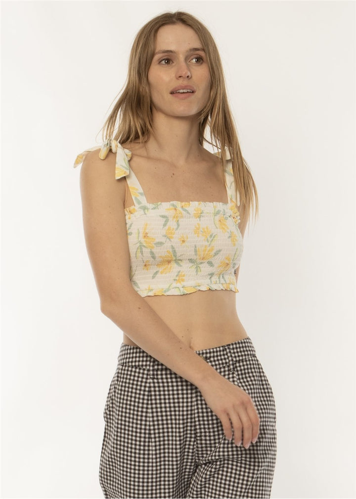 Sisstrevolution Sparrows Woven Tank in Sea Salt with floral print and tie straps.