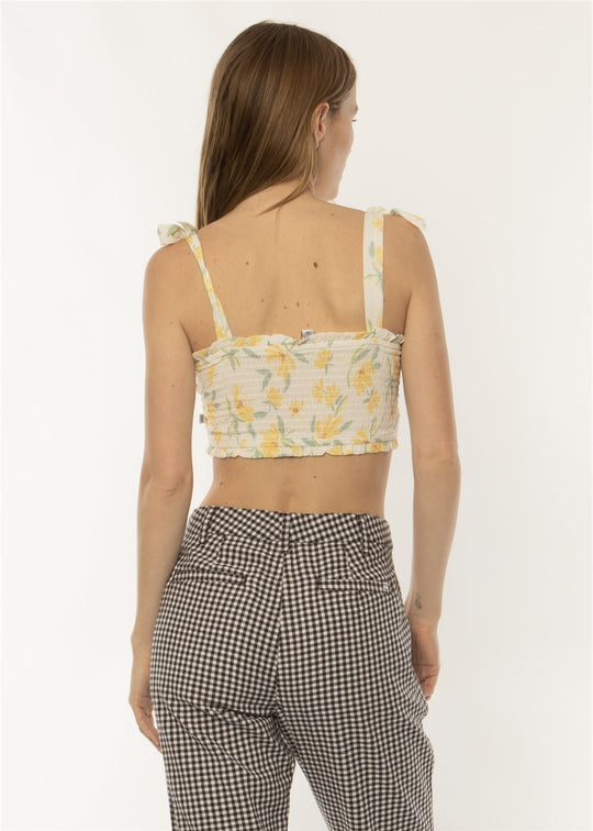 Back view of Sisstrevolution Sparrows Woven Tank in Sea Salt with floral design.