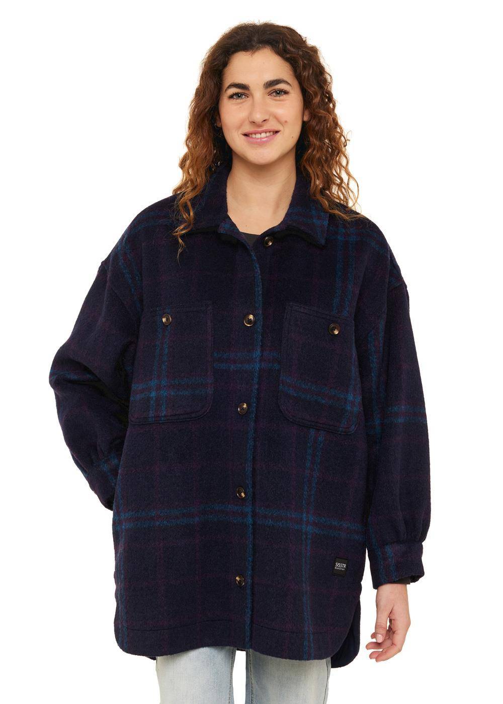Sisstr Misha Overshirt in navy plaid with front pockets and button closure.