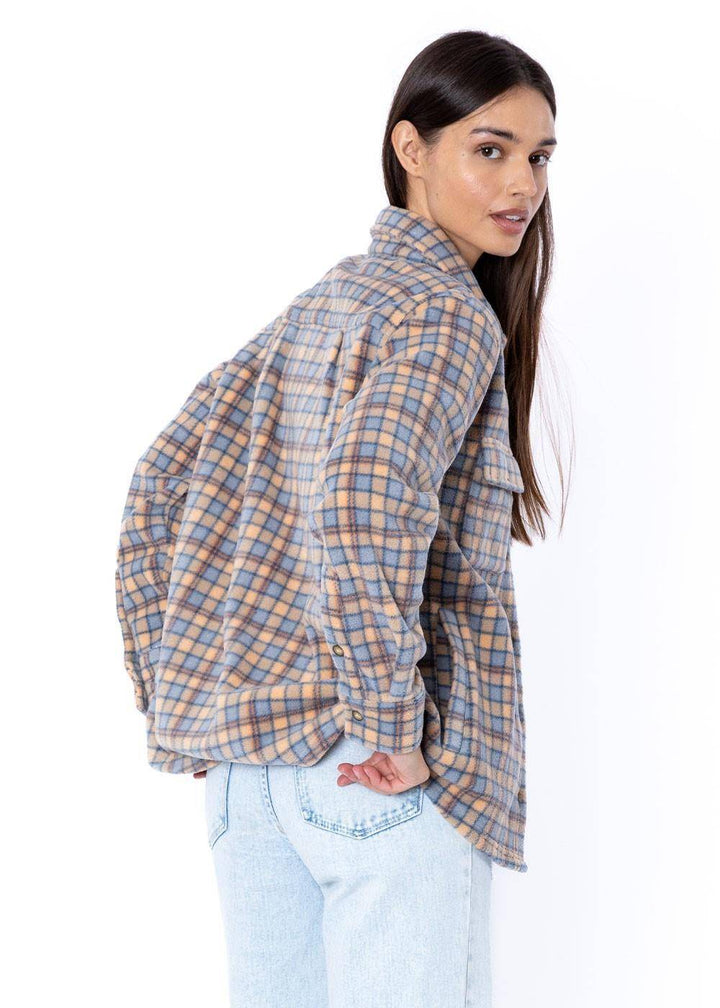 Back view of Sisstr Michelle Eco-Zy coral plaid shirt, showcasing relaxed fit.