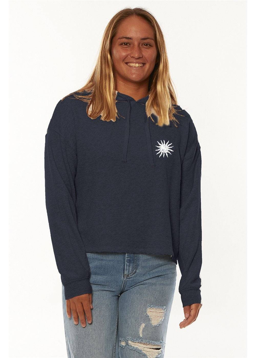 Front view of Sisstr High Seas Ls Crop Flc Hoodie in navy with sun logo on chest.