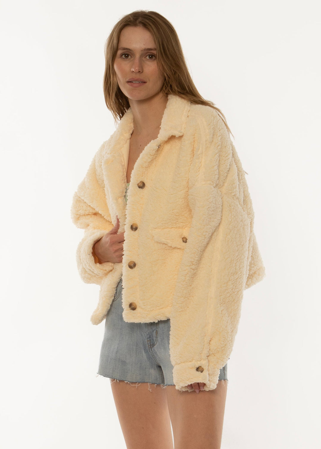 Ladies' Sisstrevolution Sherpa Jacket, cream color, button-up design.