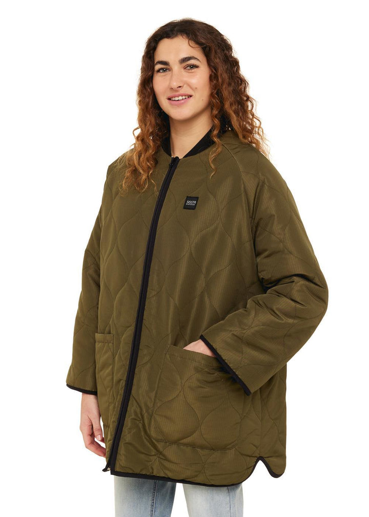 Sisstr Jane Jacket in olive green with quilted design and front pockets.