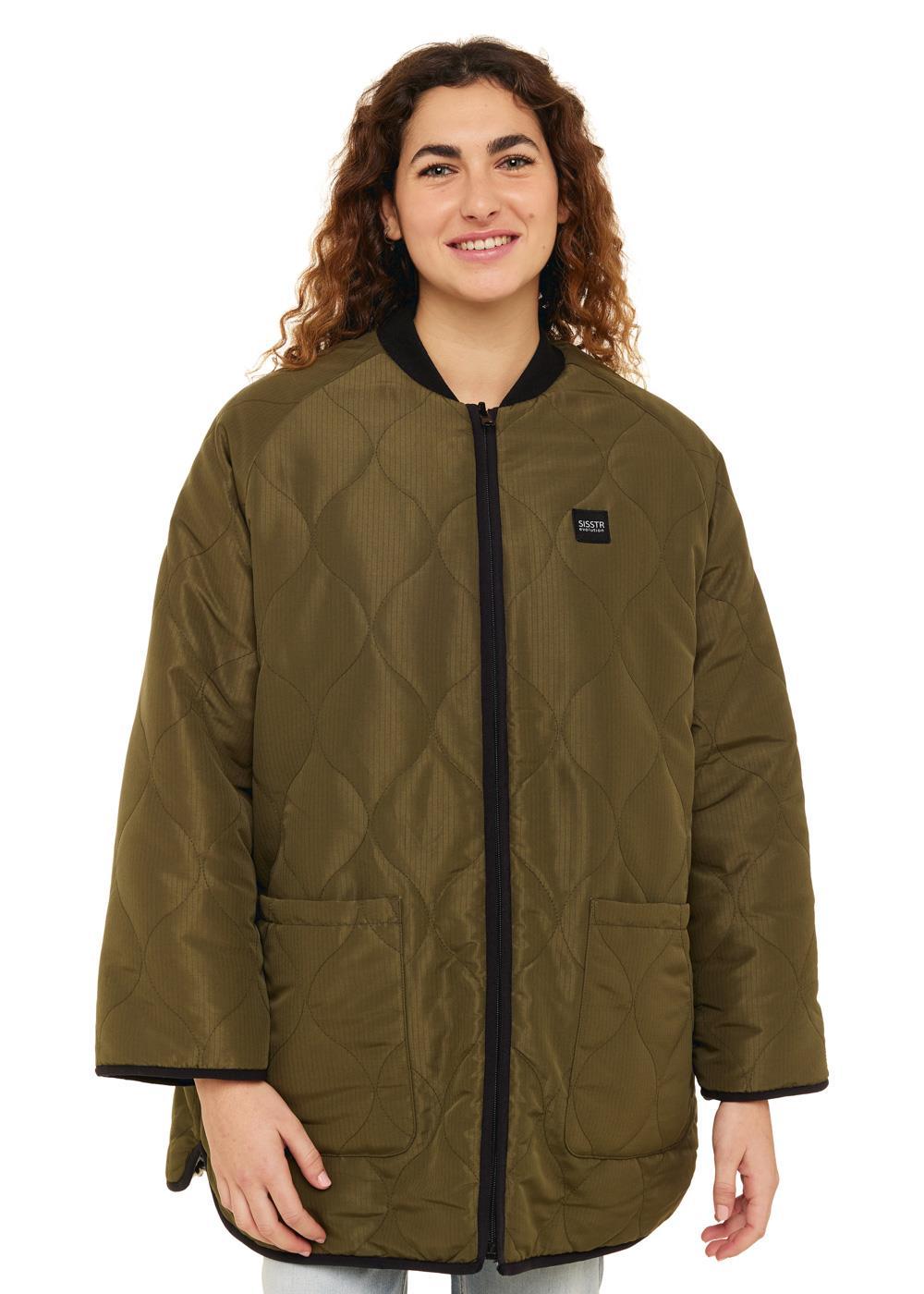 Front view of Sisstr Jane Jacket in olive green with quilted detailing.