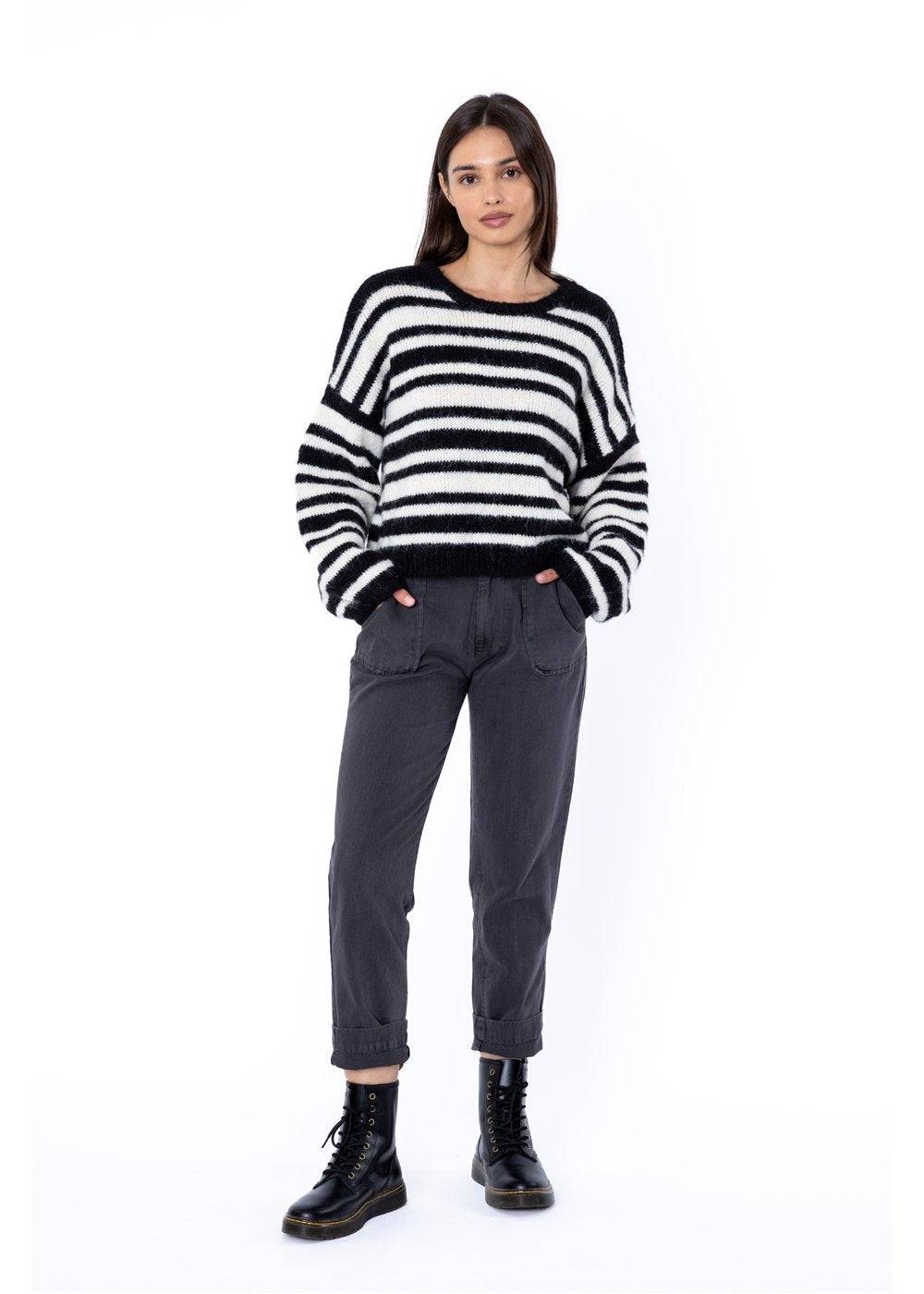 Front view of Sisstr Ocean Shores Sweater in black with white stripes.