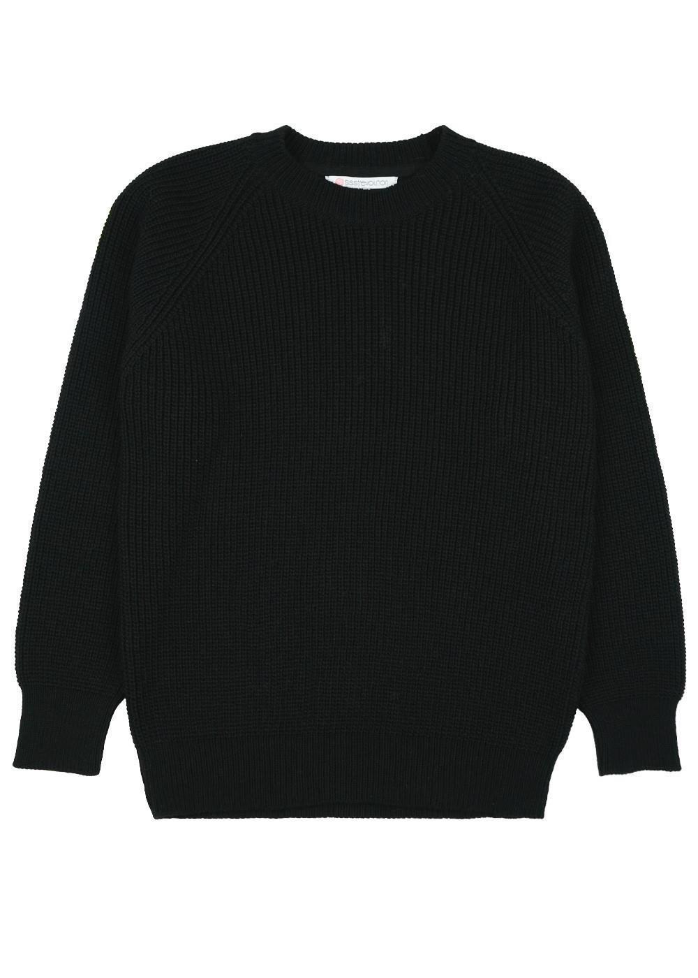 Flat lay of Sisstrevolution Barra Crew Sweater in black, showcasing ribbed texture.