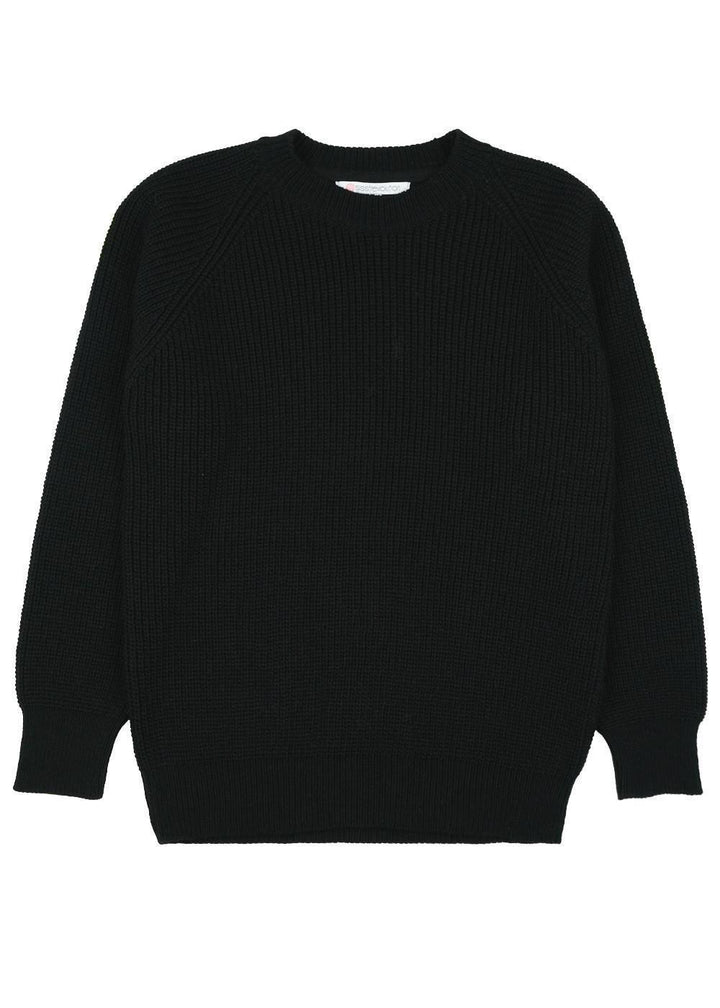 Flat lay of Sisstrevolution Barra Crew Sweater in black, showcasing ribbed texture.