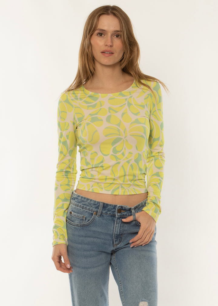 Sisstrevolution Skyscape LS Knit in Palm Lime, front view of long-sleeve ladies top.