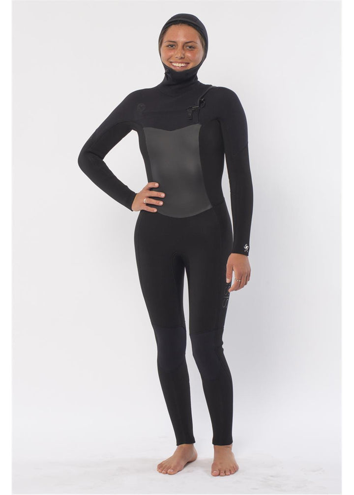 Sisstr 7 Seas 6/5 Hooded Chest Zip Wetsuit in black, designed for women. Features 100% super stretch Japanese neoprene for warmth and flexibility.