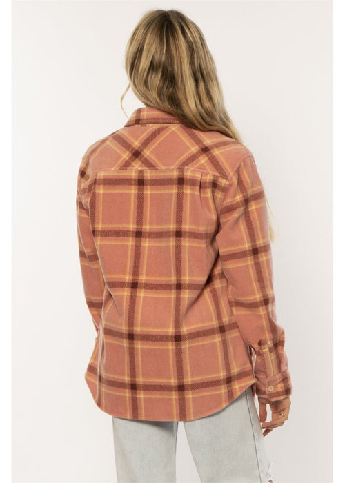 Sisstrevolution Nights Ls Wvn Fleece Top in rose water plaid, back view.