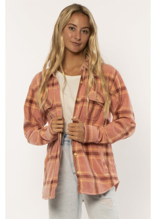 Sisstrevolution Nights Ls Wvn Fleece Top in rose water plaid, front view.