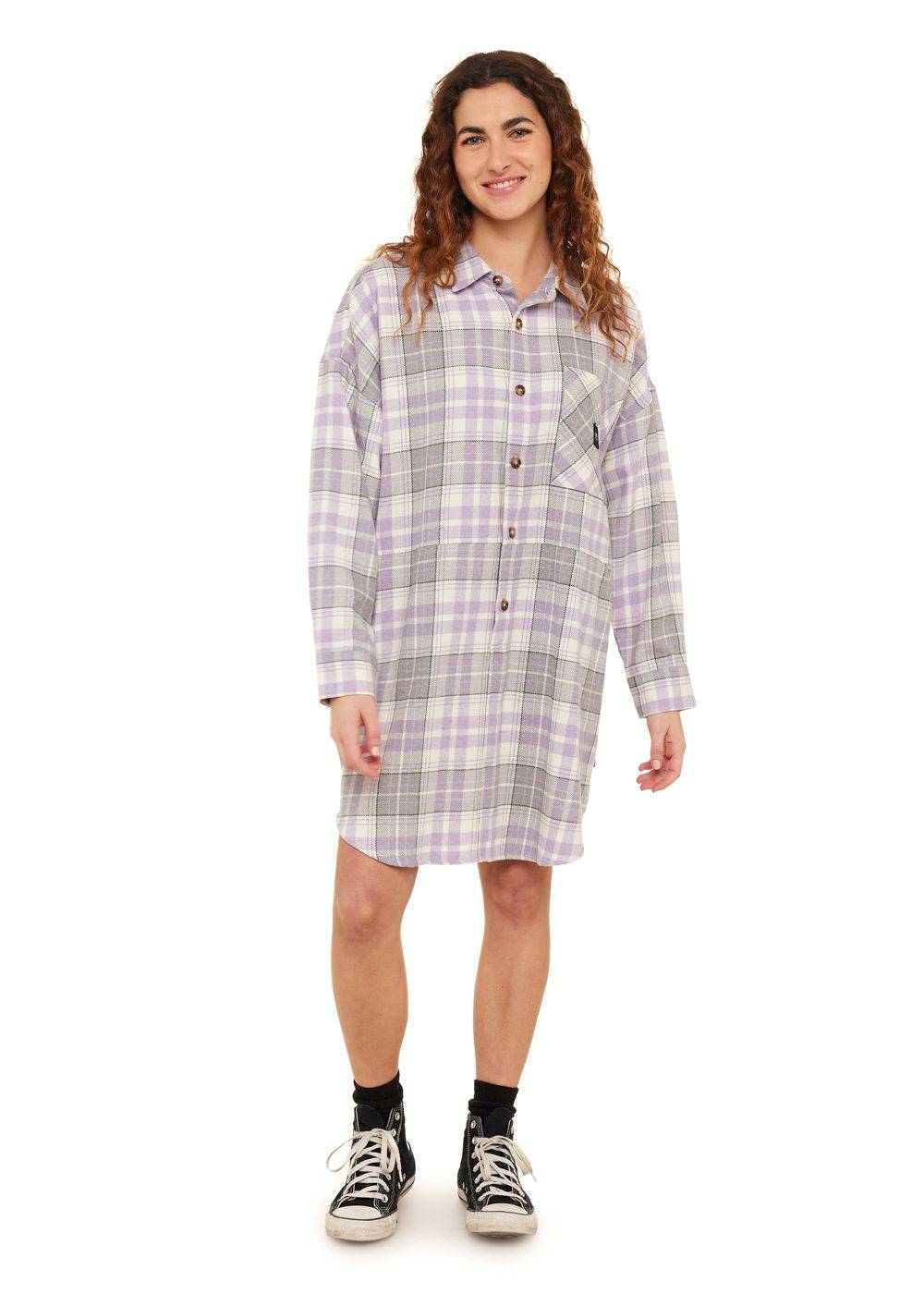 Sisstrevolution Pasha Dress in Sea Salt with plaid design, front view.