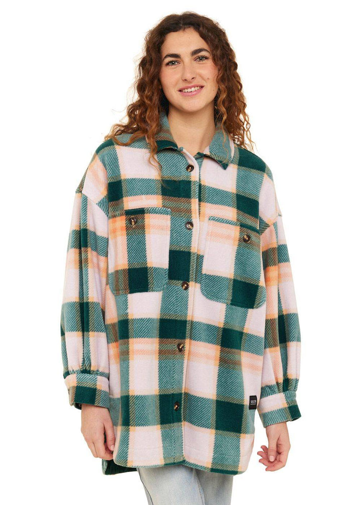 Sisstrevolution Palma Eco-zy Overshirt in coral plaid, front view.