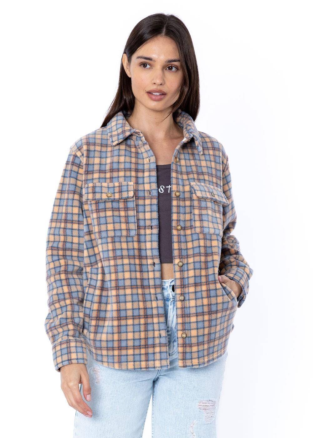 Close-up of Sisstr Michelle Eco-Zy coral plaid shirt with chest pockets.