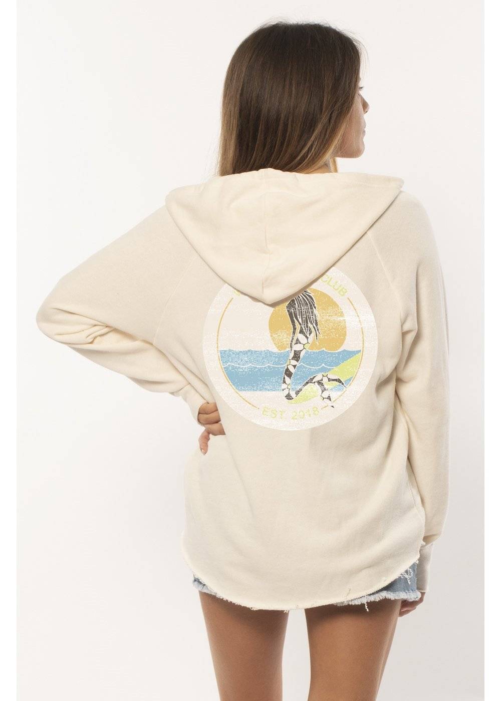 Sisstr Weekend Ls Fleece Hoodie in cream, back view with graphic design.