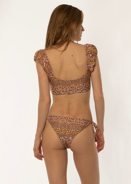 Sisstrevolution Ditsy Summer of Love cap sleeve swim top in latte, back view.